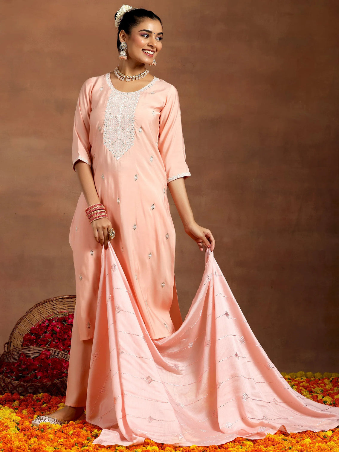 Mameraa Peach Yoke Design Silk Blend Straight Suit With Dupatta