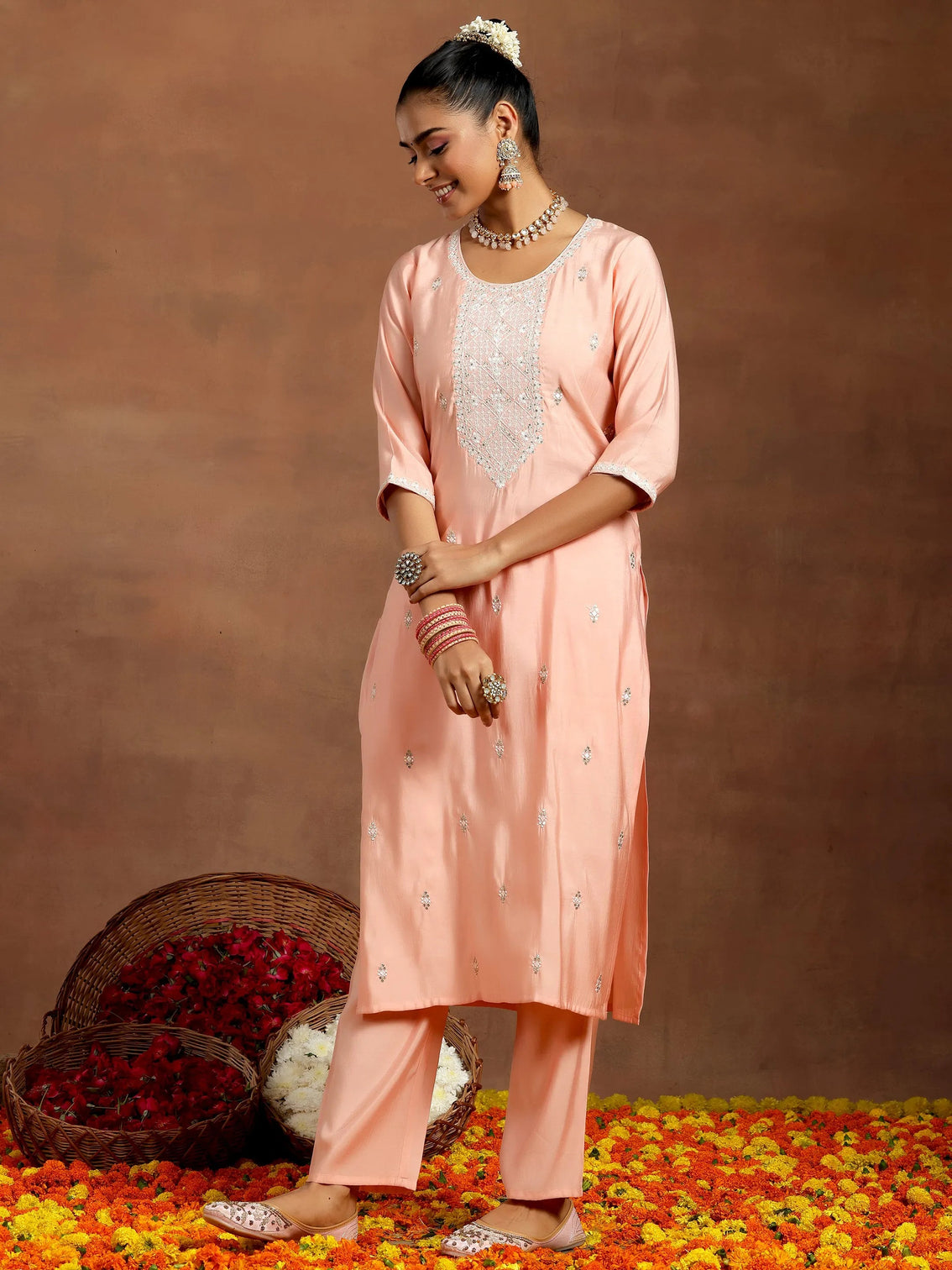 Mameraa Peach Yoke Design Silk Blend Straight Suit With Dupatta