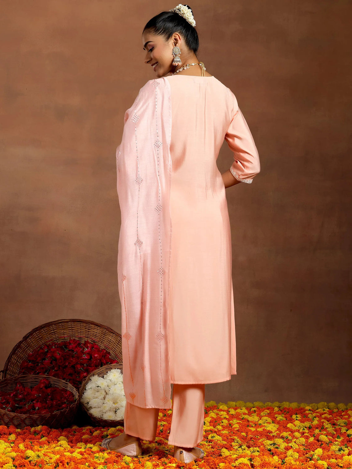 Mameraa Peach Yoke Design Silk Blend Straight Suit With Dupatta