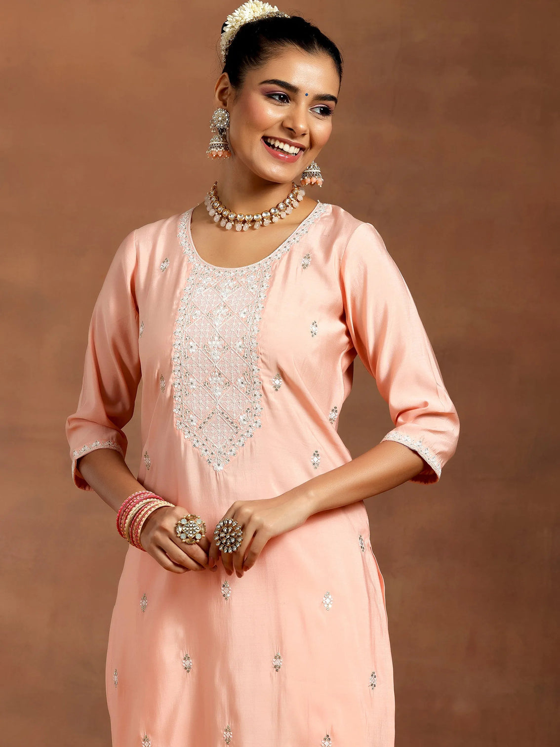 Mameraa Peach Yoke Design Silk Blend Straight Suit With Dupatta