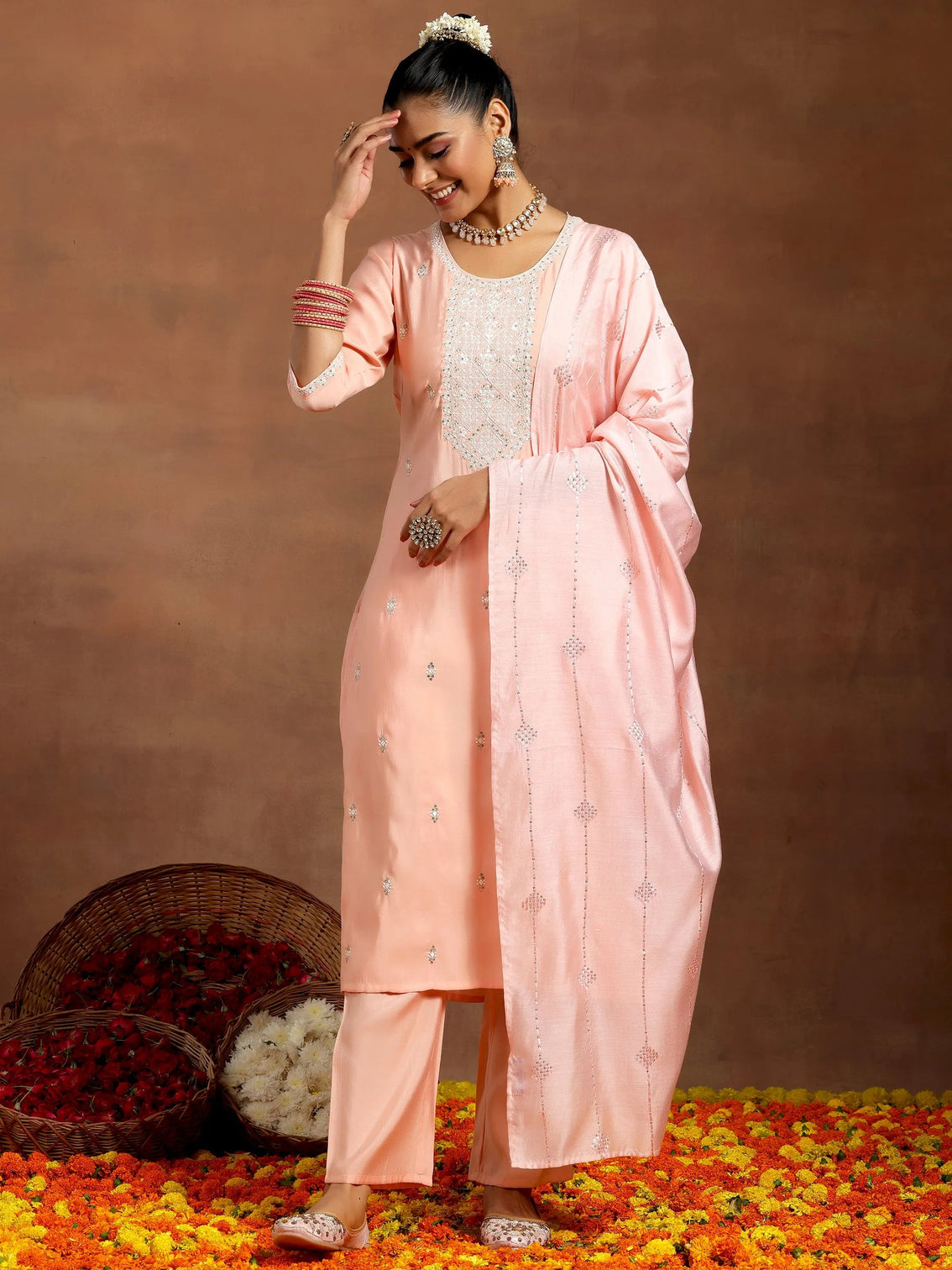 Mameraa Peach Yoke Design Silk Blend Straight Suit With Dupatta