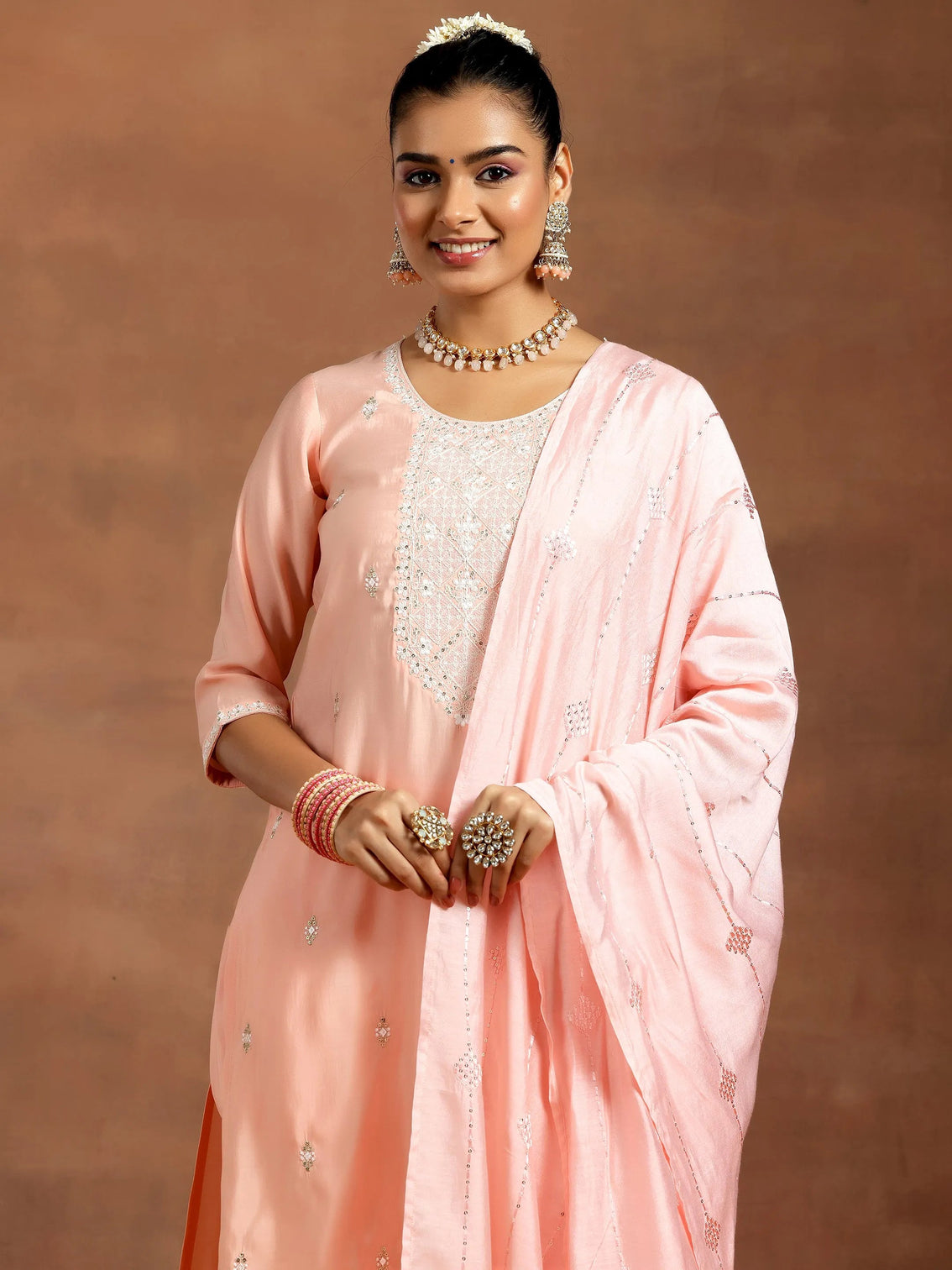 Mameraa Peach Yoke Design Silk Blend Straight Suit With Dupatta