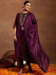 Mameraa Burgundy Yoke Design Silk Blend Straight Suit With Dupatta - Mameraa