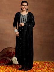 Mameraa Black Embroidered Silk Blend Straight Suit With Dupatta - Mameraa