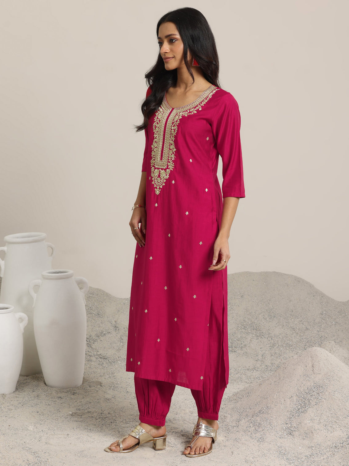 Mameraa Pink Yoke Design Silk Blend Straight Suit With Dupatta