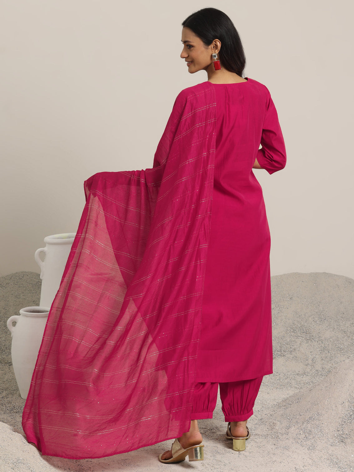 Mameraa Pink Yoke Design Silk Blend Straight Suit With Dupatta
