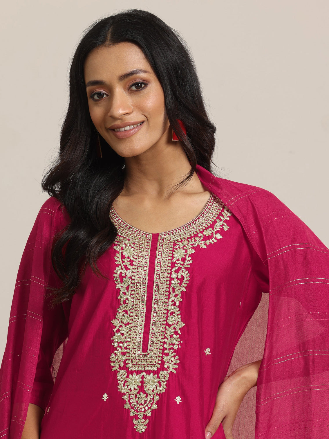 Mameraa Pink Yoke Design Silk Blend Straight Suit With Dupatta