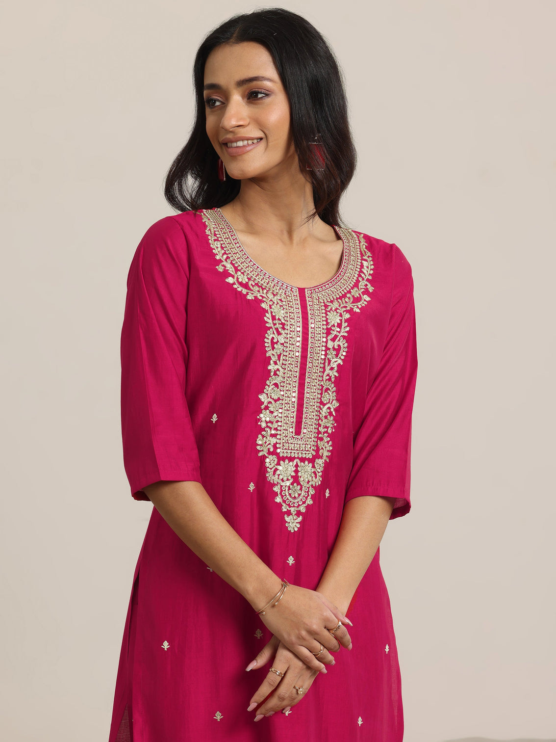 Mameraa Pink Yoke Design Silk Blend Straight Suit With Dupatta