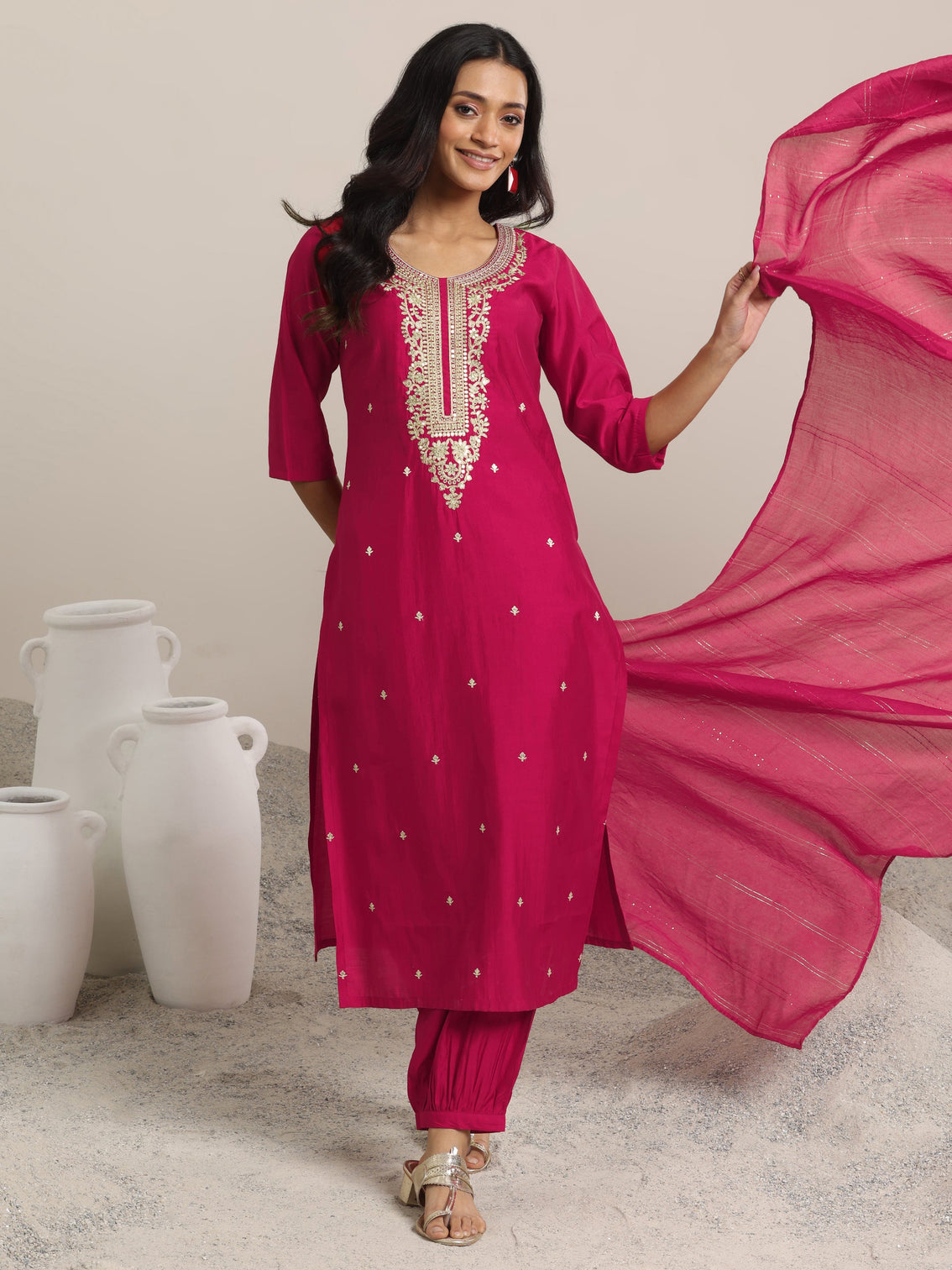 Mameraa Pink Yoke Design Silk Blend Straight Suit With Dupatta