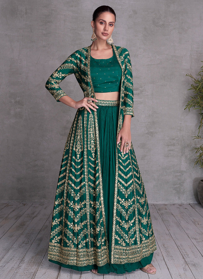 Elegant Forest Green Colored  Lehenga Choli With Jacket