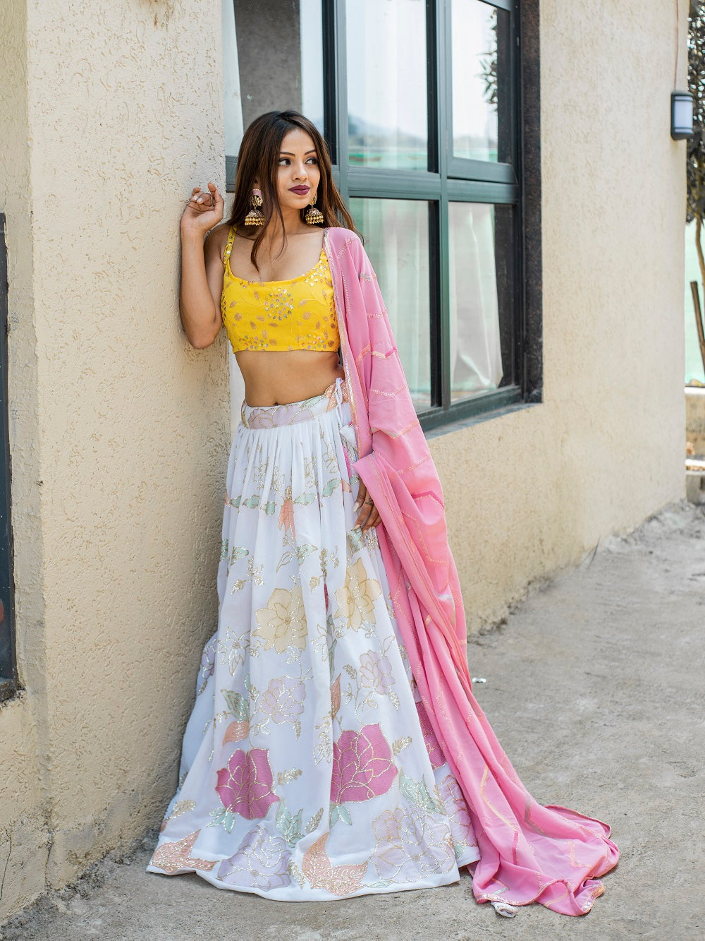White And Pink Color Embroidery Work Lehenga Choli With Georgette Dupatta
