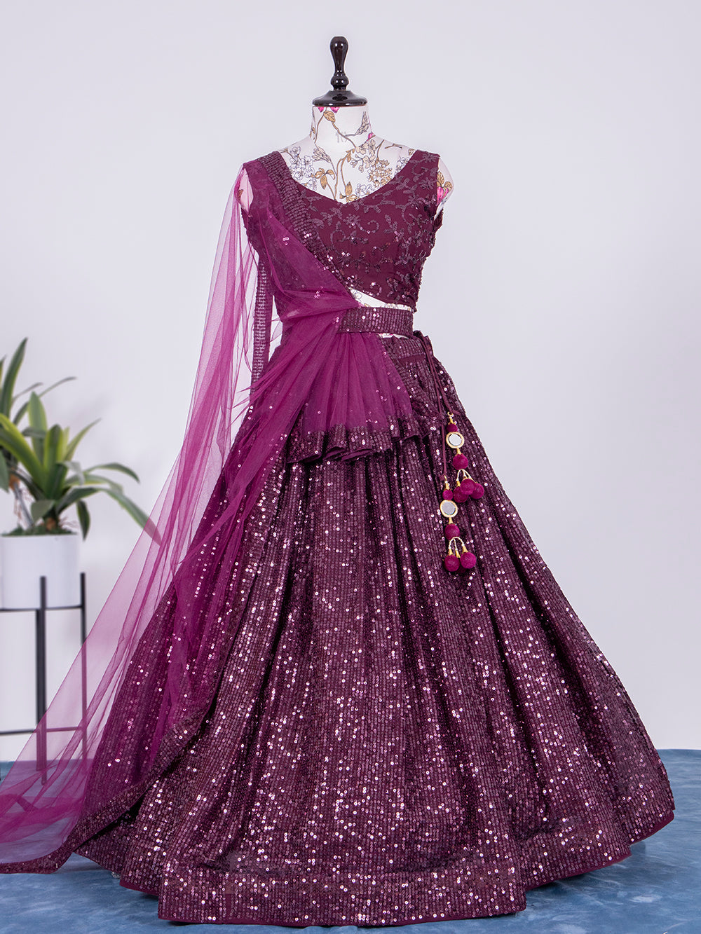 Wine Color Sequins and Thread Embroidery Work Georgette Lehenga