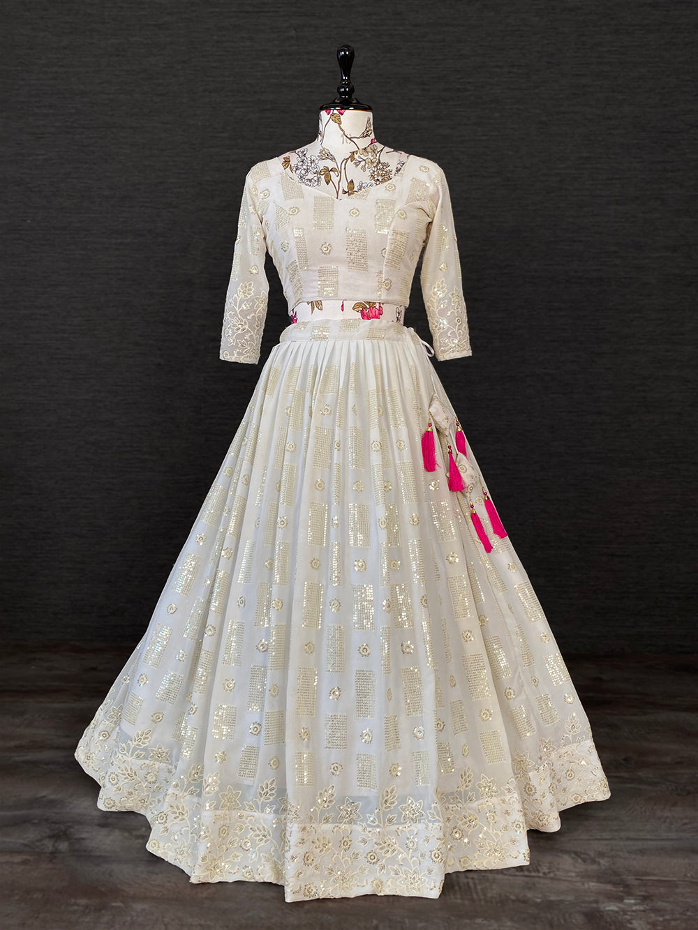 White Color Sequins And Thread Embroidery Work Georgette Lehenga Choli With Muslin Silk Dupatta