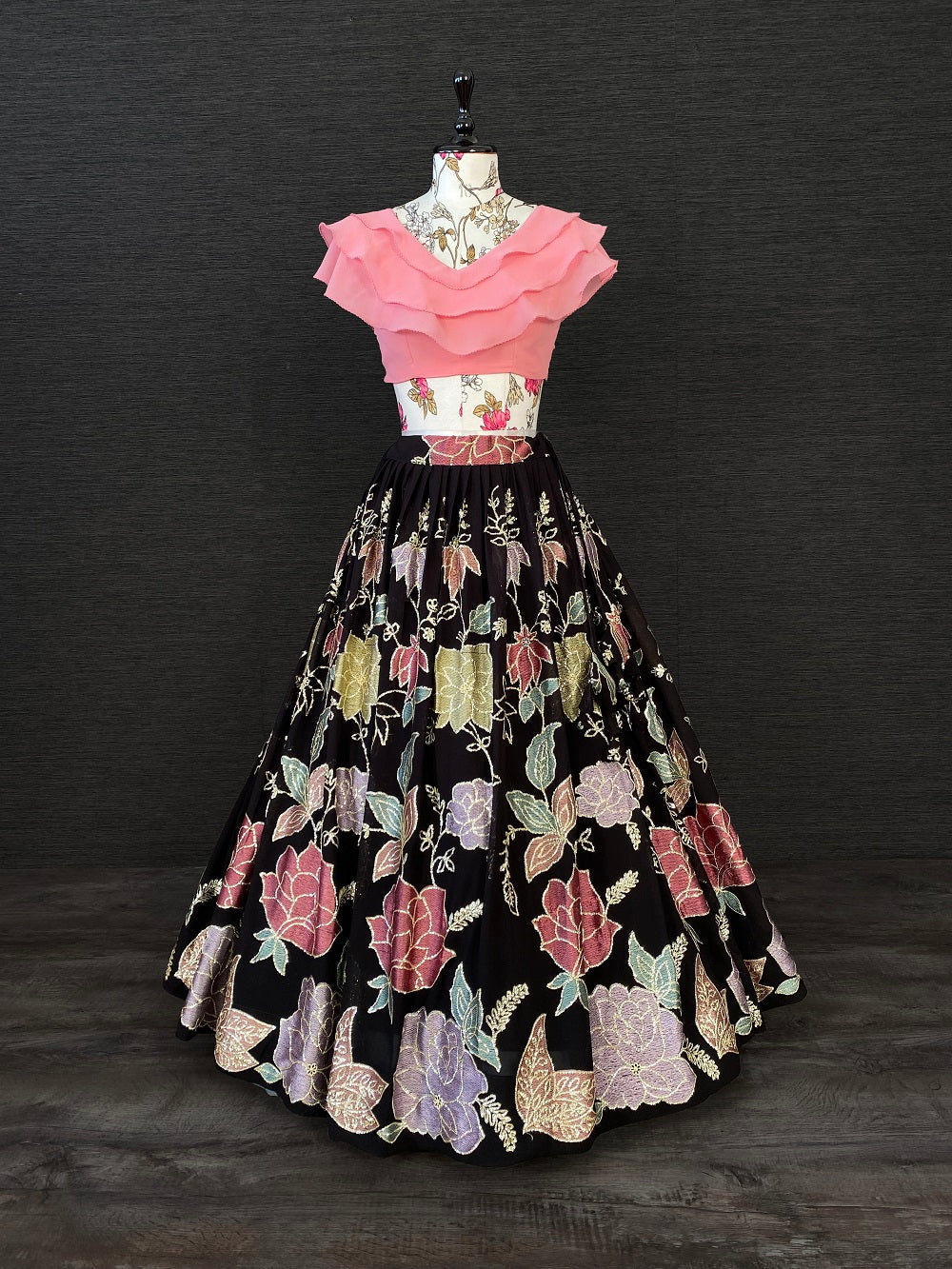 Black & Pink Color Thread And Sequins Embroidery Work Georgette Two Piece Lehenga Set