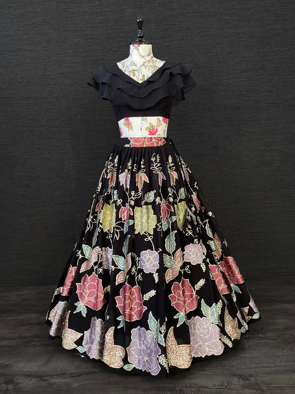 Black Color Thread And Sequins Embroidery Work Georgette Crop-Top
