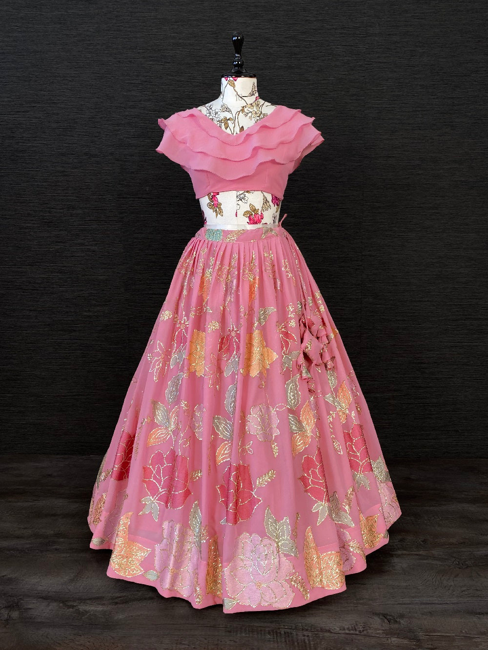 Pink Color Thread And Sequins Embroidery Work Georgette Crop-Top