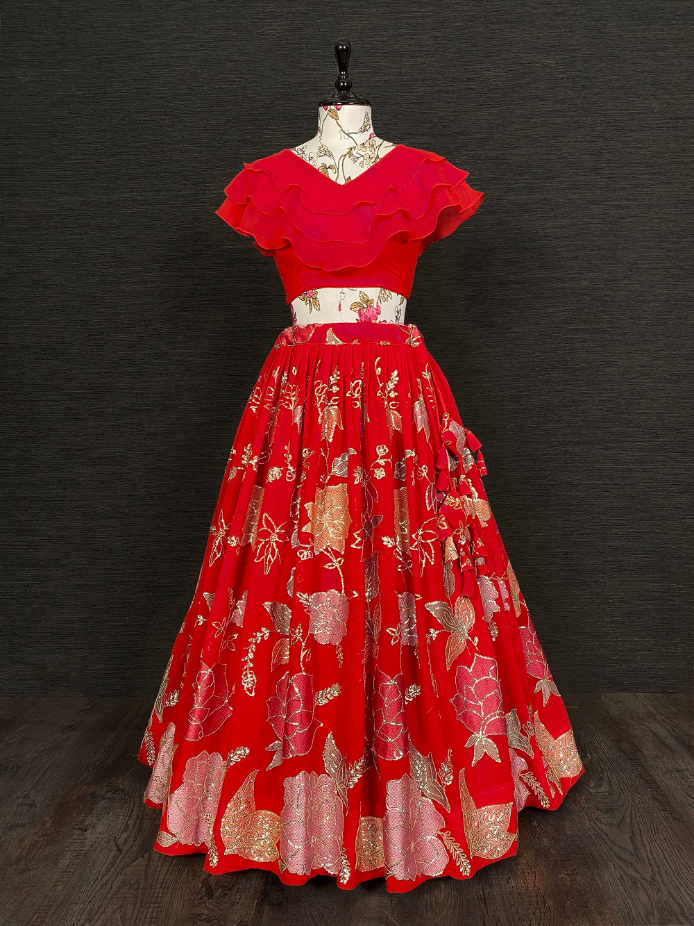 Red Color Thread And Sequins Embroidery Work Georgette Lehenga Set