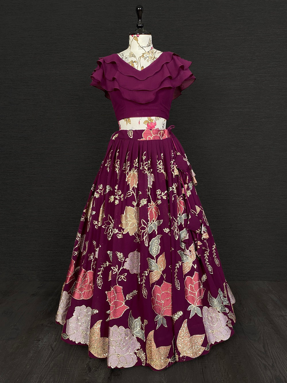 Wine Color Thread And Sequins Embroidered Work Georgette Lehengha Choli