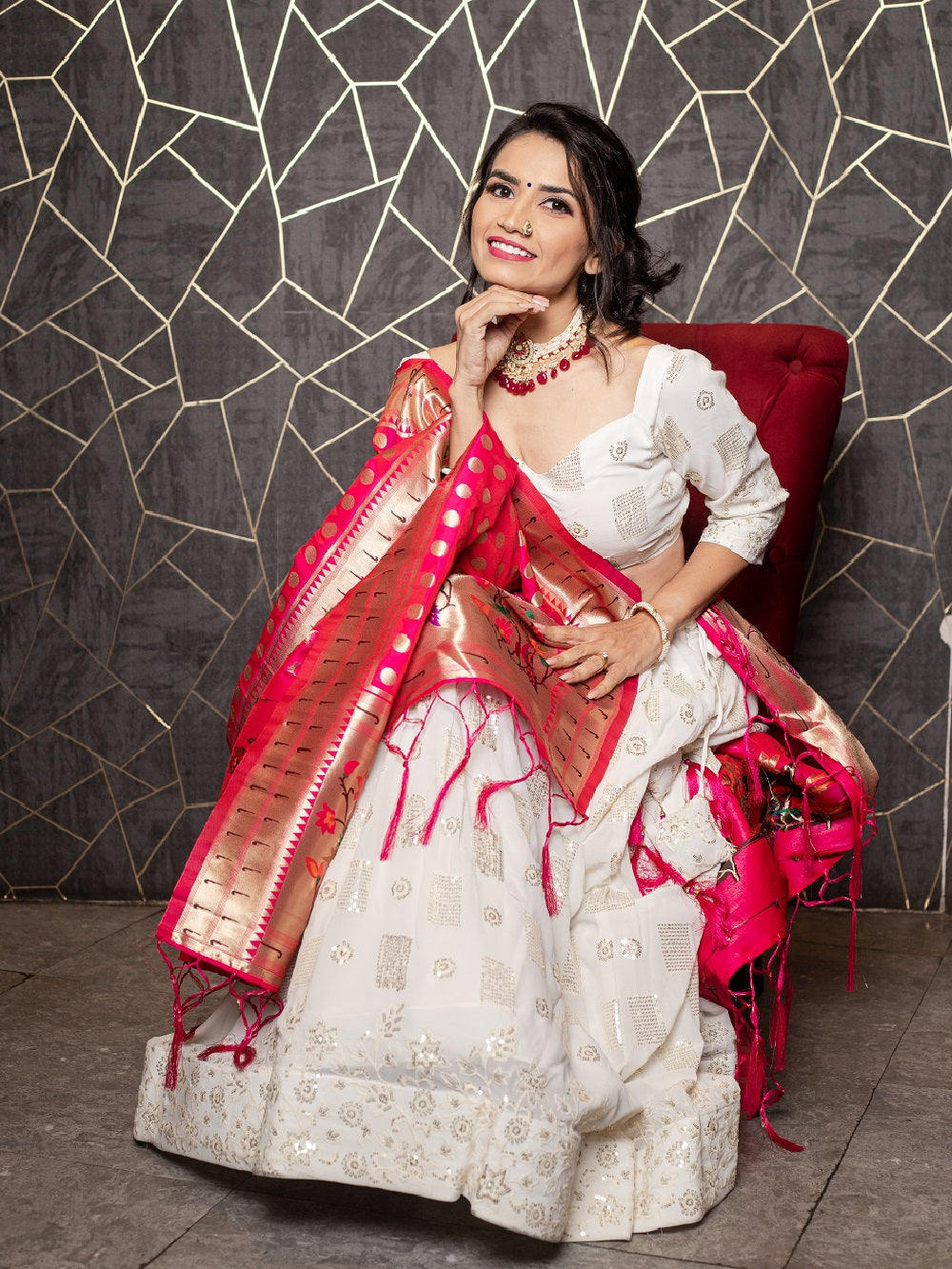 White Color Sequins And Thread Embroidery Work Georgette Lehenga Choli With Jacquard Dupatta