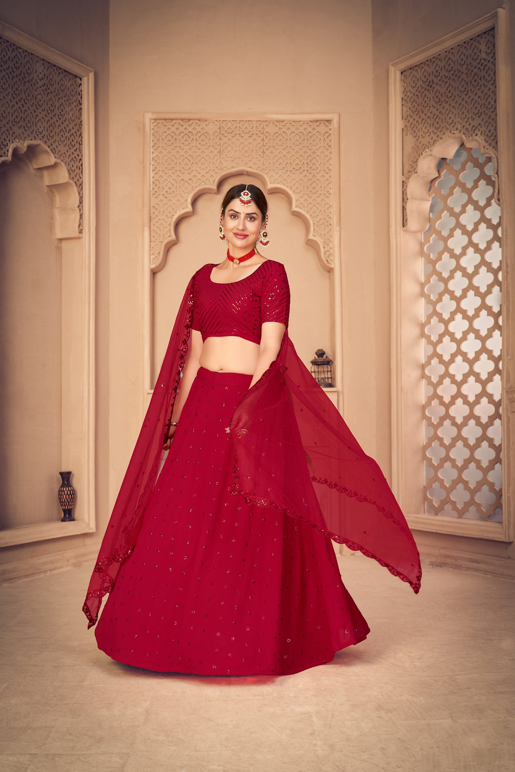 Georgette Fabric Wedding Wear Embroidered Lehenga Choli In Red Color