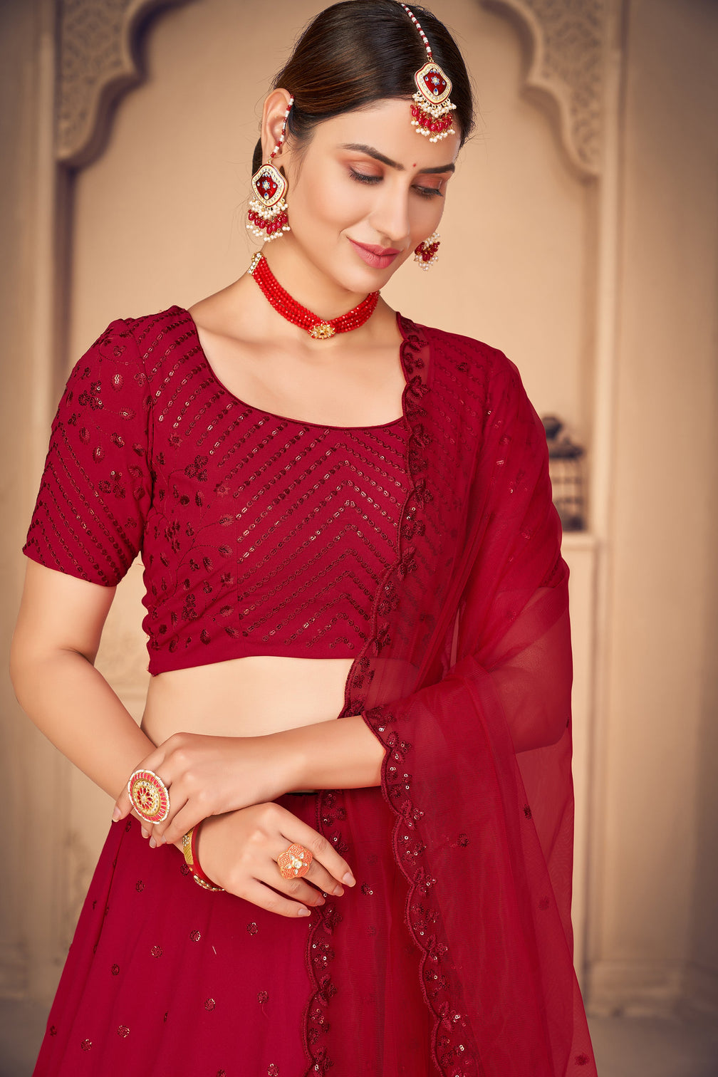 Georgette Fabric Wedding Wear Embroidered Lehenga Choli In Red Color
