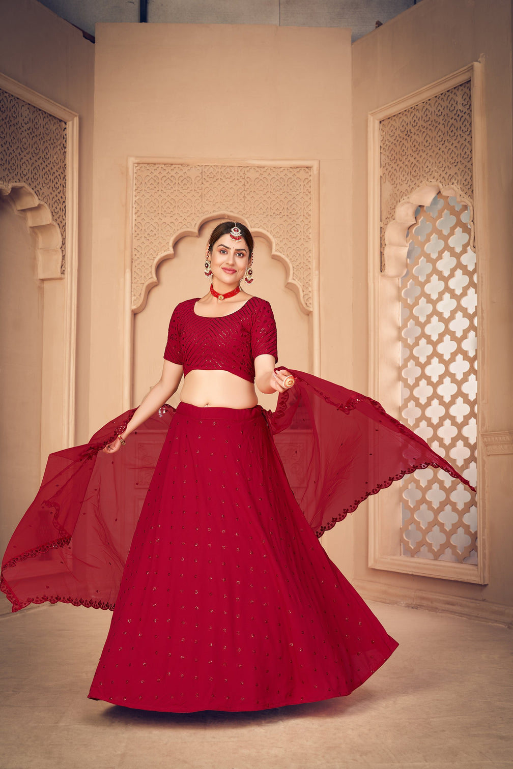 Georgette Fabric Wedding Wear Embroidered Lehenga Choli In Red Color