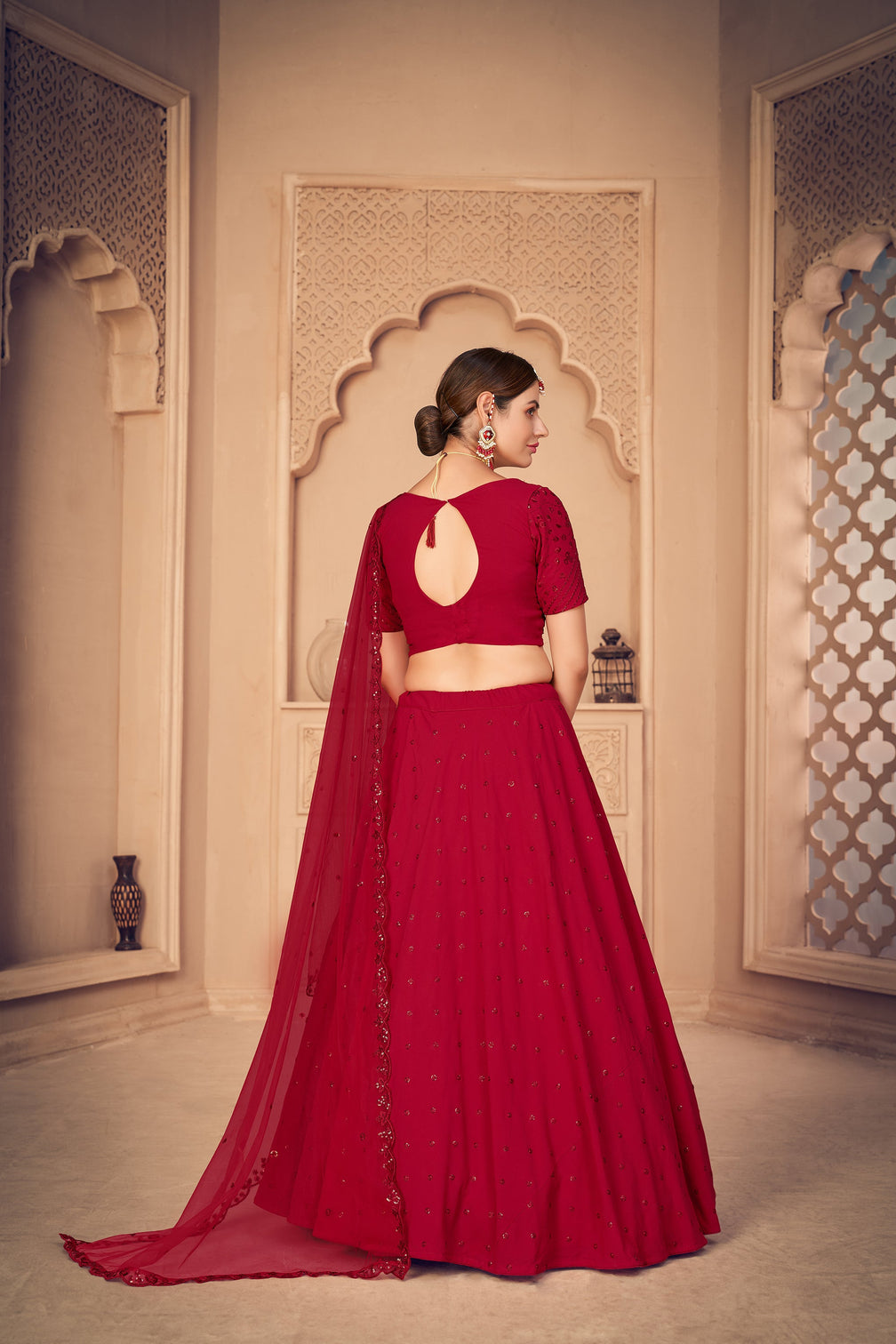 Georgette Fabric Wedding Wear Embroidered Lehenga Choli In Red Color