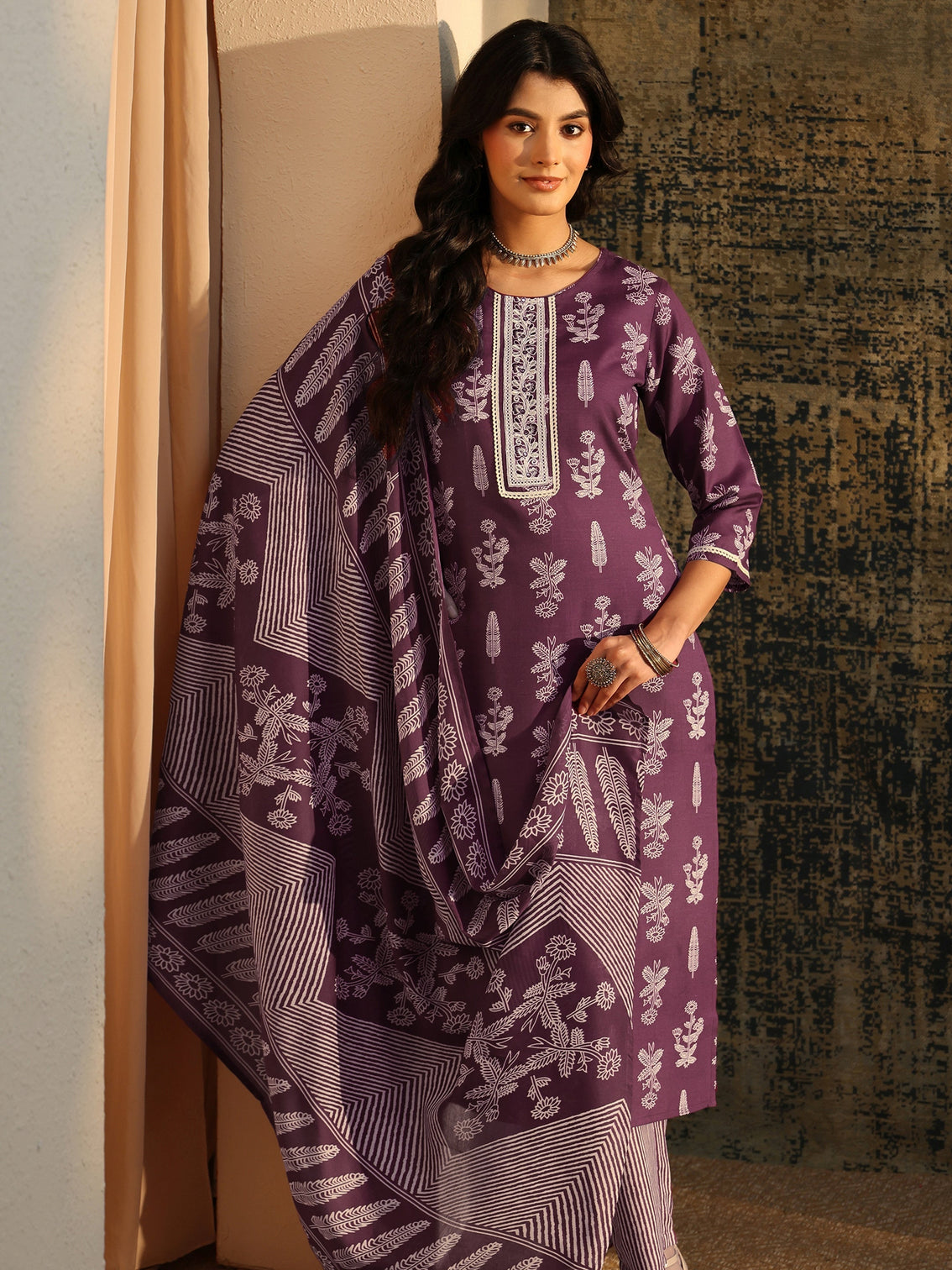 Mameraa Burgundy Floral Printed Straight Suit Set