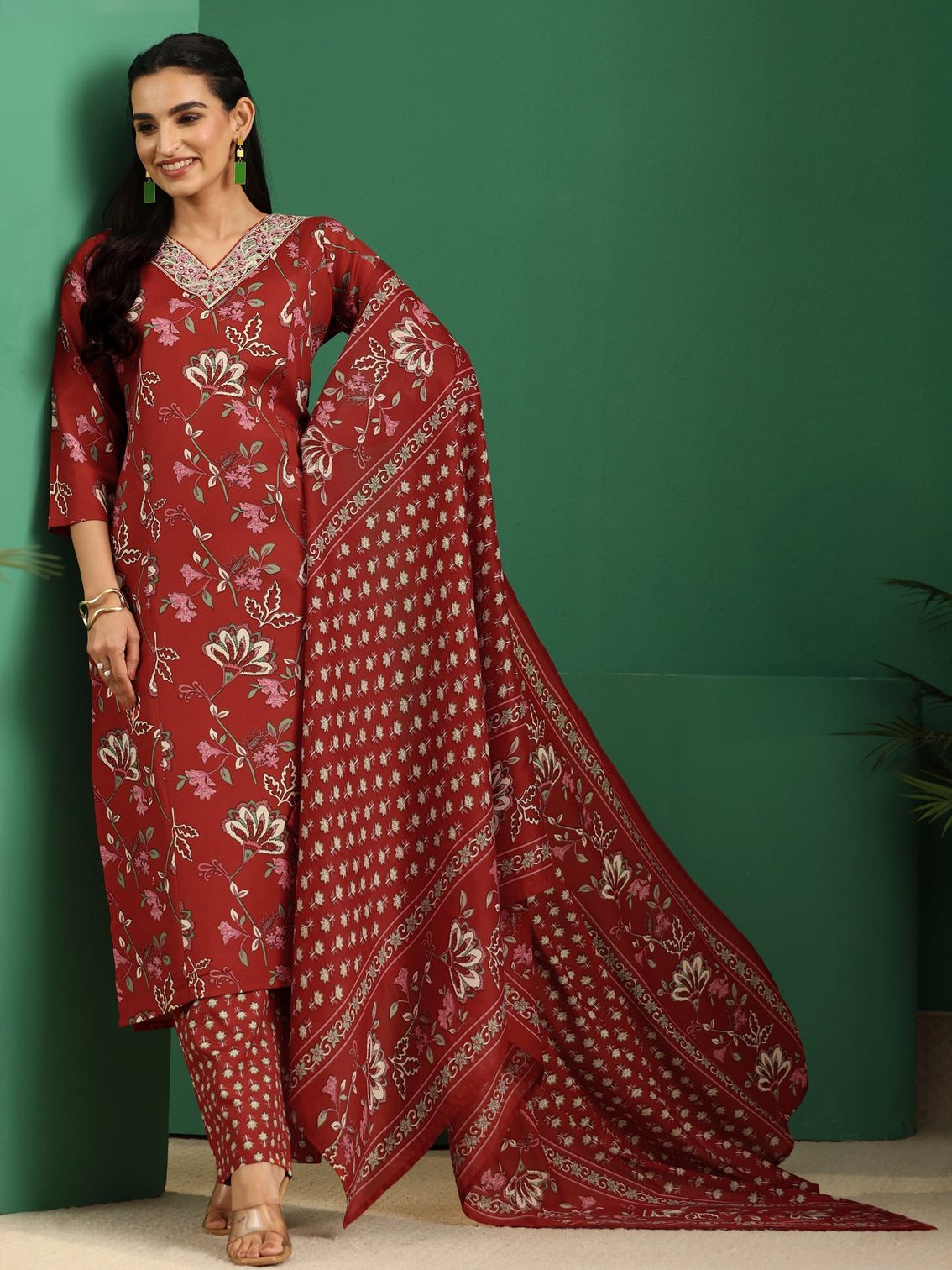 Mameraa Crimson Red Floral Printed A-Line Suit Set