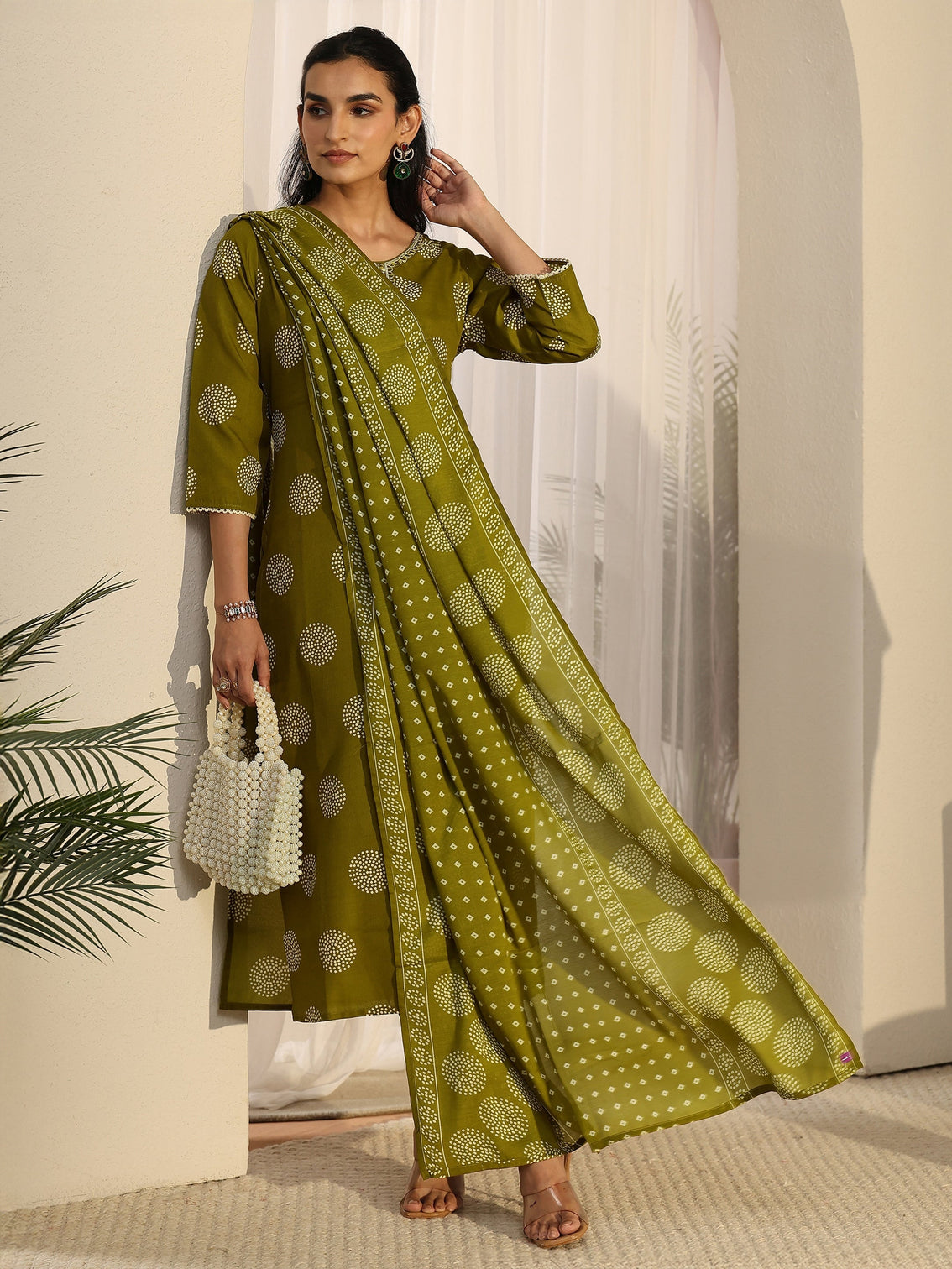 Mameraa Green Circular Print Straight Suit Set