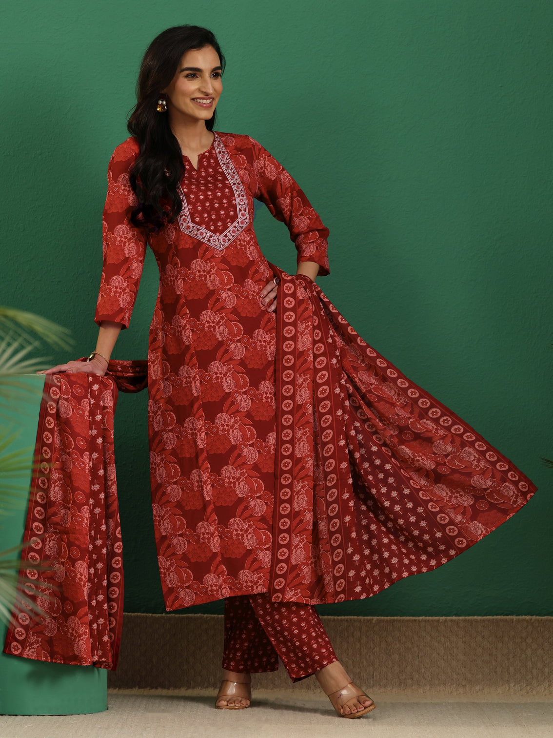 Mameraa Maroon Floral Printed A-Line Suit Set