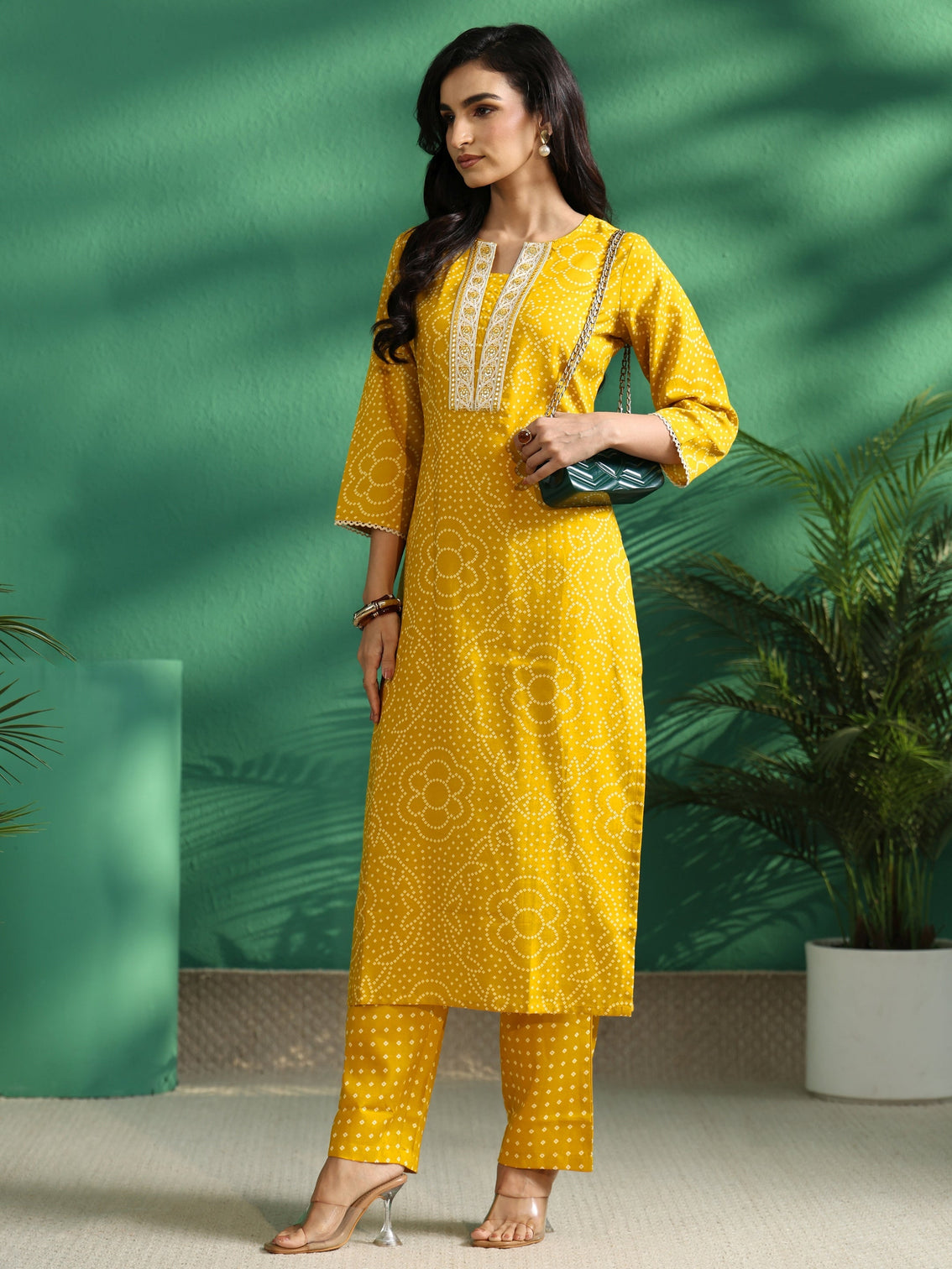 Mameraa Mustard Bandhani A-Line Kurta Set