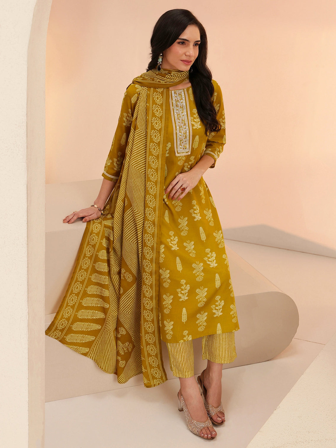 Mameraa Mustard Floral Printed Straight Suit Set