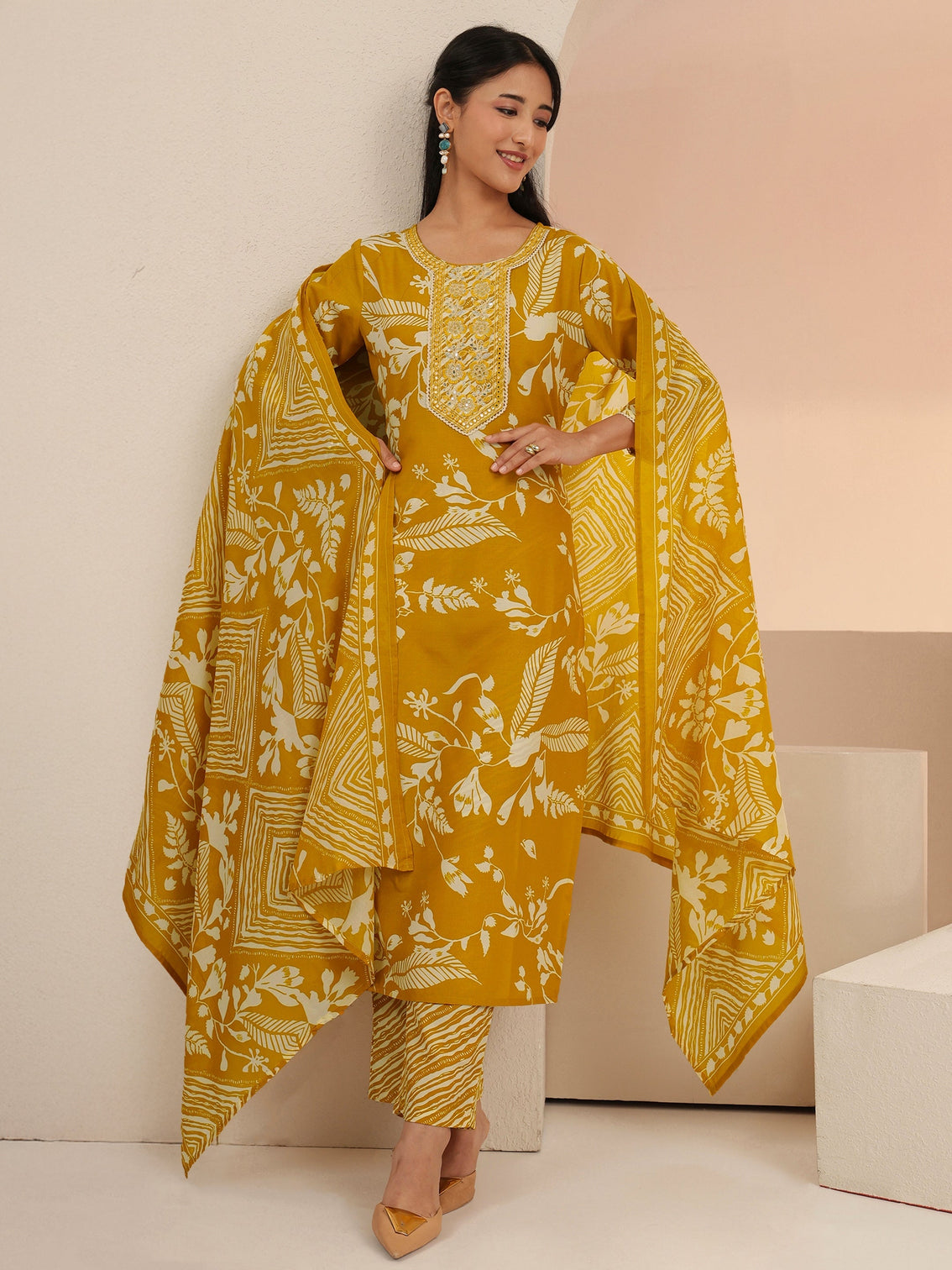 Mameraa Mustard Floral Printed Straight Suit Set