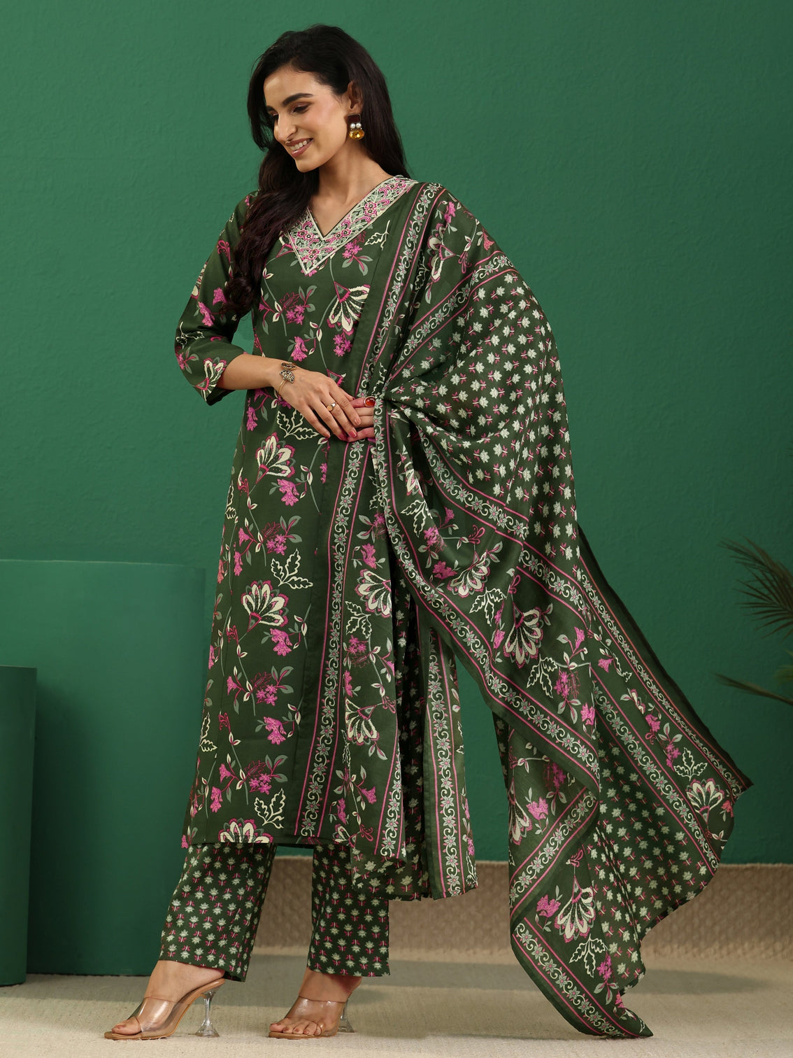 Mameraa Olive Green Floral Printed A-Line Suit Set