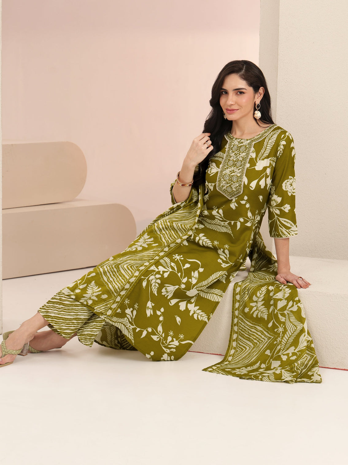 Mameraa Olive Green Floral Printed Straight Suit Set