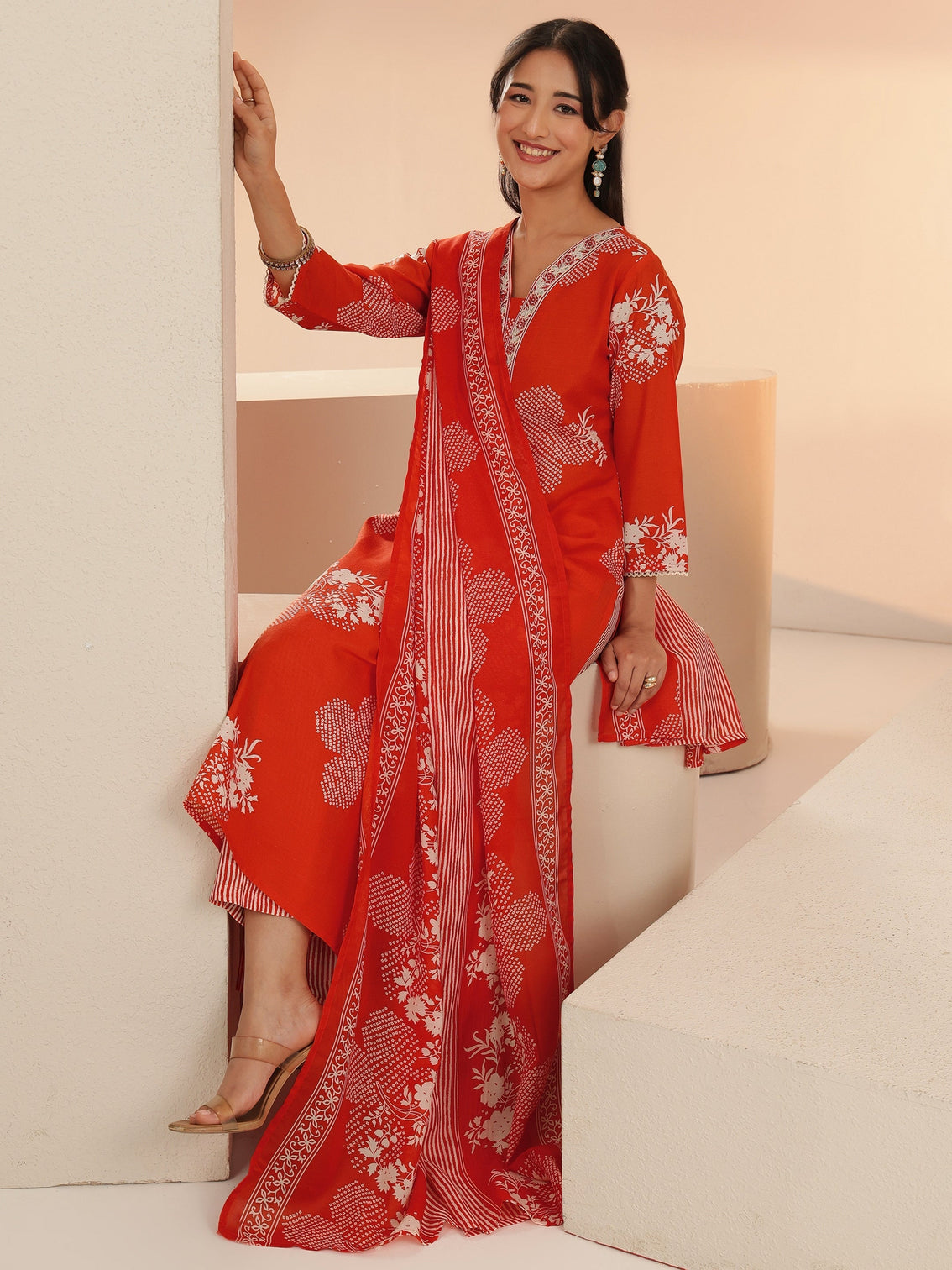 Mameraa Orange Bandhani Printed Straight Suit Set