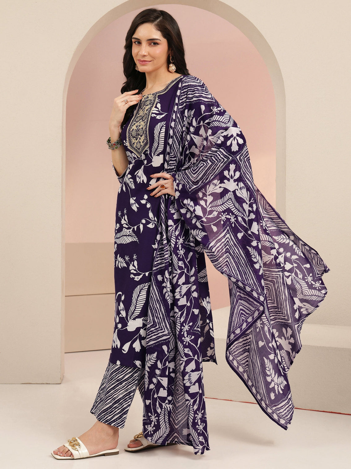 Mameraa Plum Purple Floral Printed Straight Suit Set