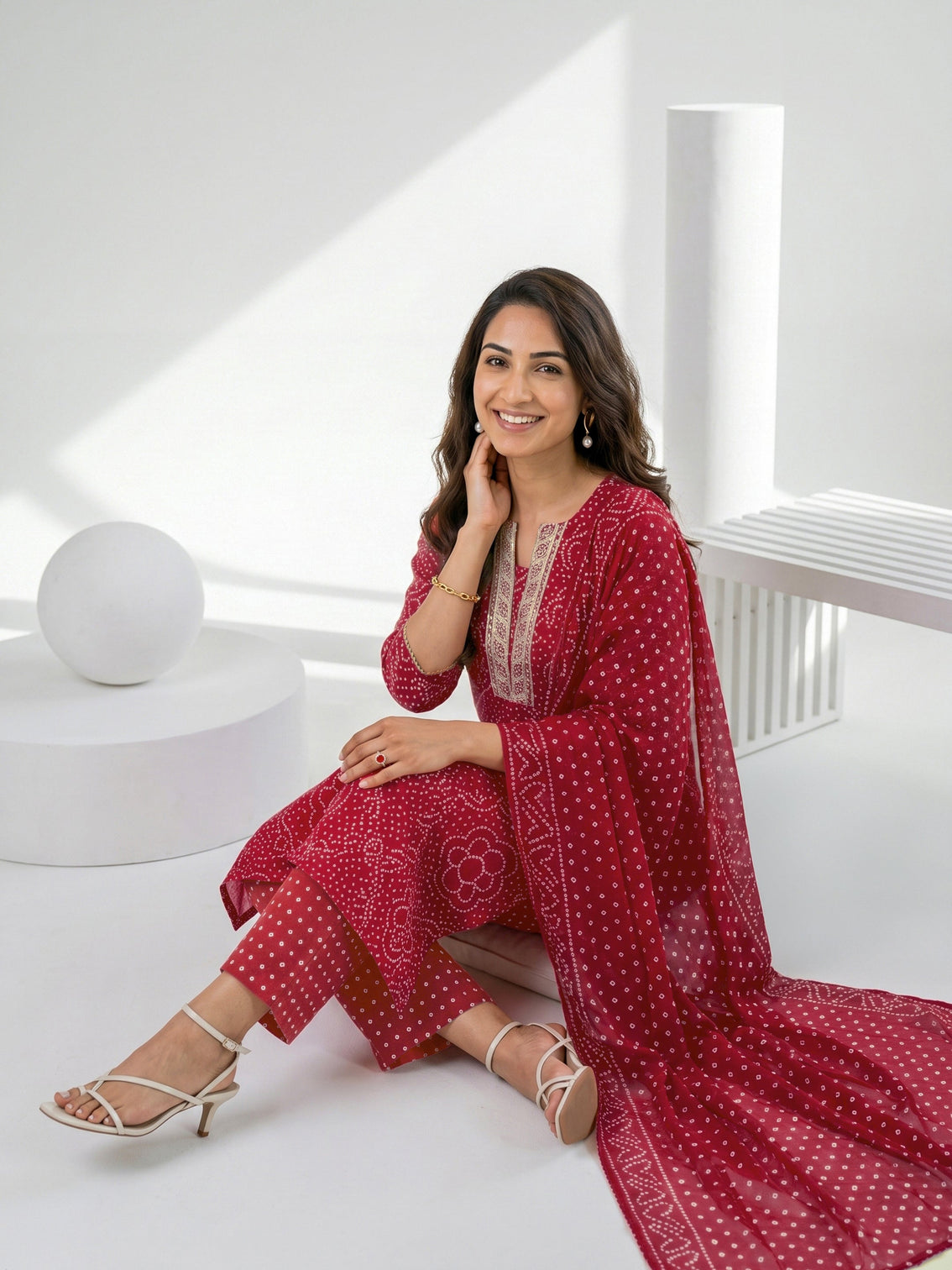 Mameraa Red Bandhani Printed Straight Suit Set