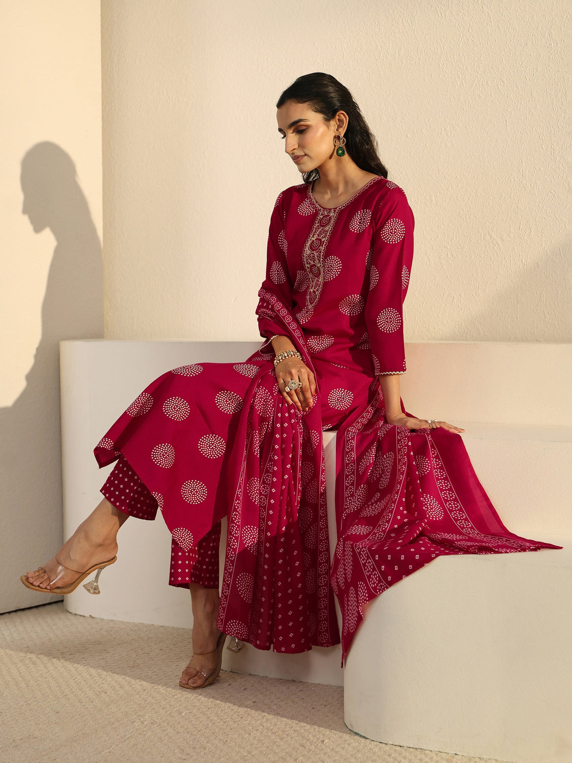 Mameraa Red Circular Print Straight Suit Set