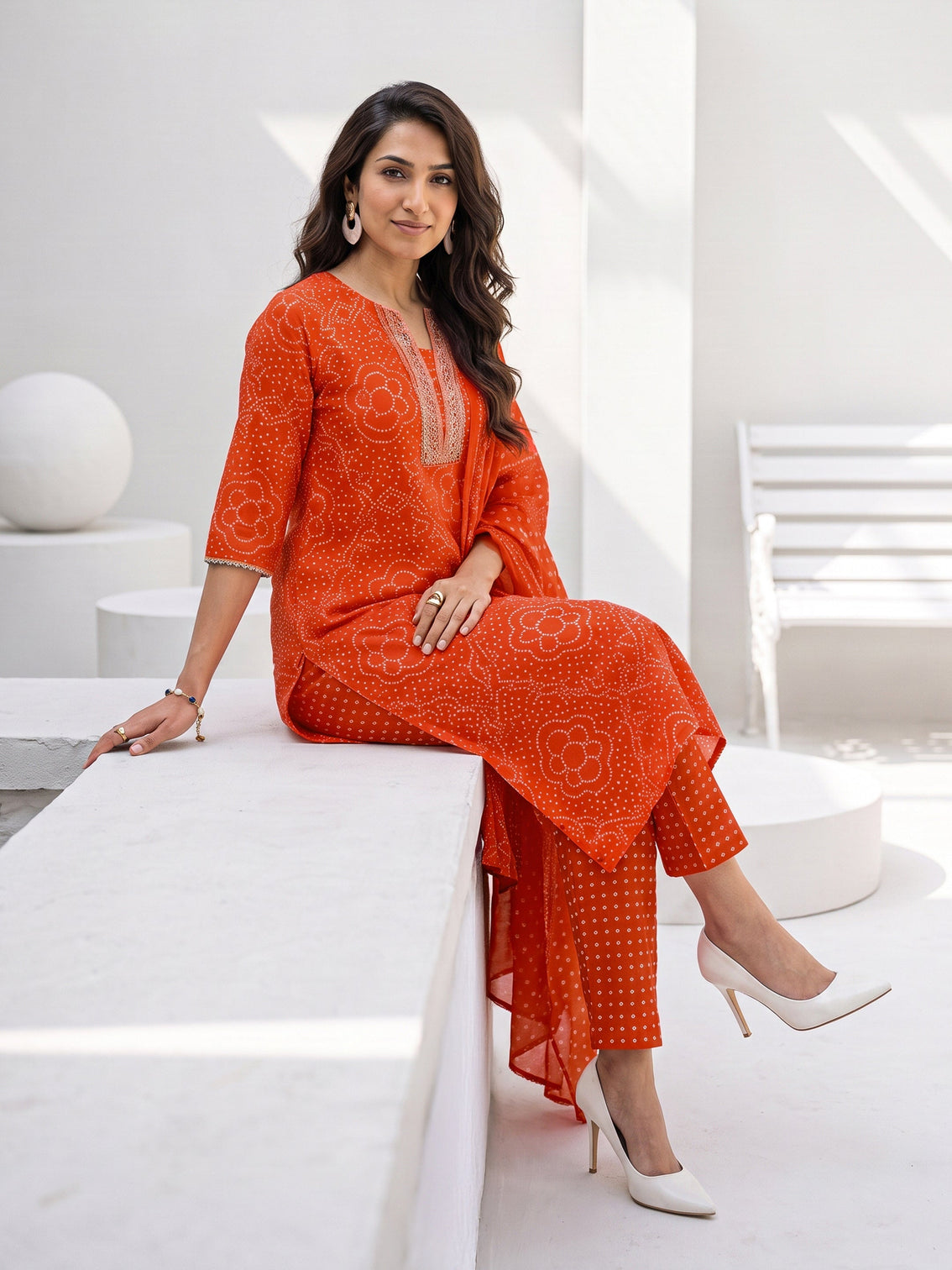 Mameraa Tangerine Orange Bandhani Printed Straight Suit Set