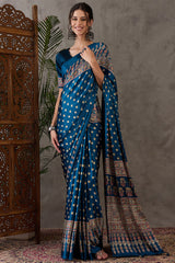 Sumptuous Rama Ajrakh Printed Semi Modal Silk Saree With Staggering Blouse Piece