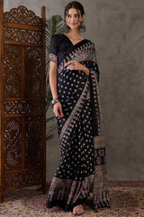 Admirable Black Ajrakh Printed Semi Modal Silk Saree With Lagniappe Blouse Piece