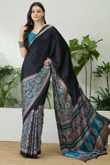 Inspiring Black Ajrakh Printed Semi Modal Silk Saree With Prodigal Blouse Piece