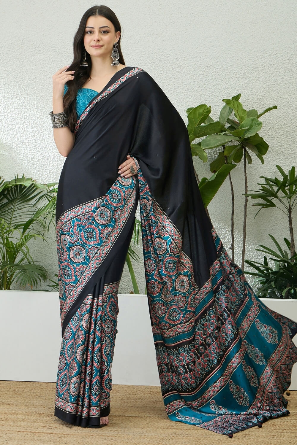 Inspiring Black Ajrakh Printed Semi Modal Silk Saree With Prodigal Blouse Piece