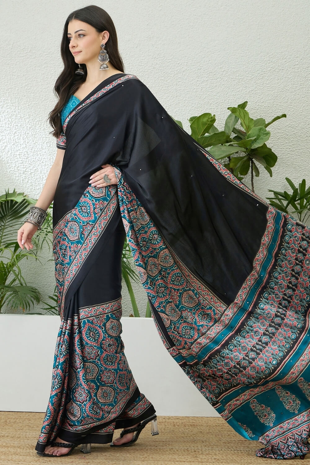 Inspiring Black Ajrakh Printed Semi Modal Silk Saree With Prodigal Blouse Piece