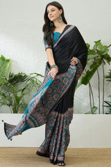 Inspiring Black Ajrakh Printed Semi Modal Silk Saree With Prodigal Blouse Piece