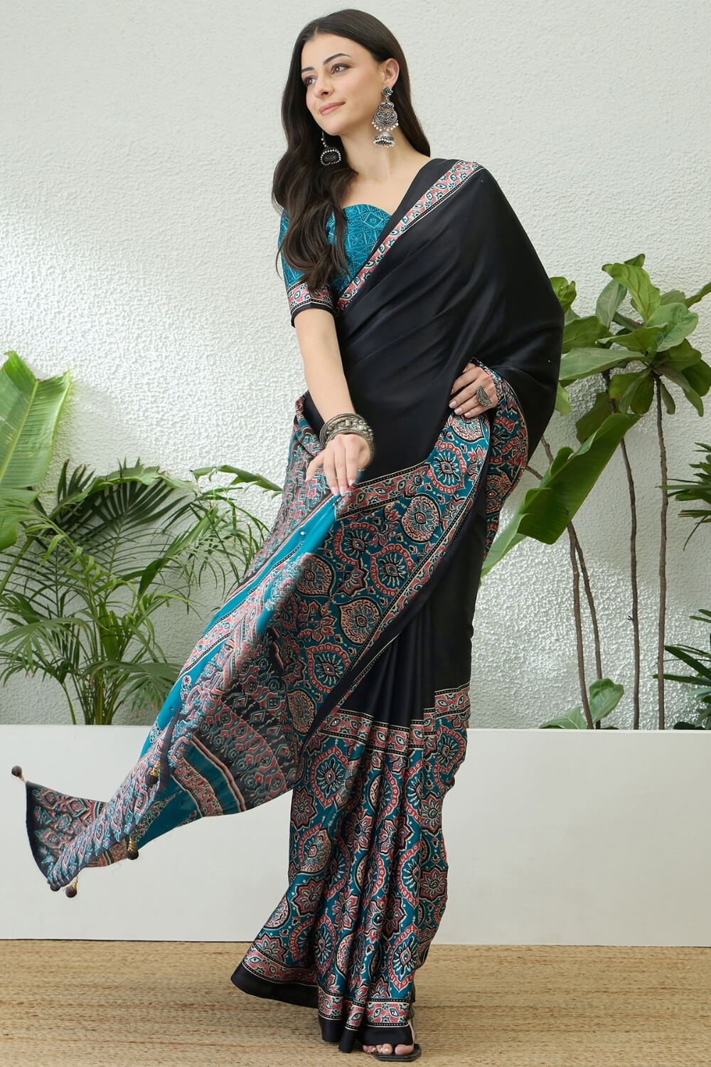 Inspiring Black Ajrakh Printed Semi Modal Silk Saree With Prodigal Blouse Piece
