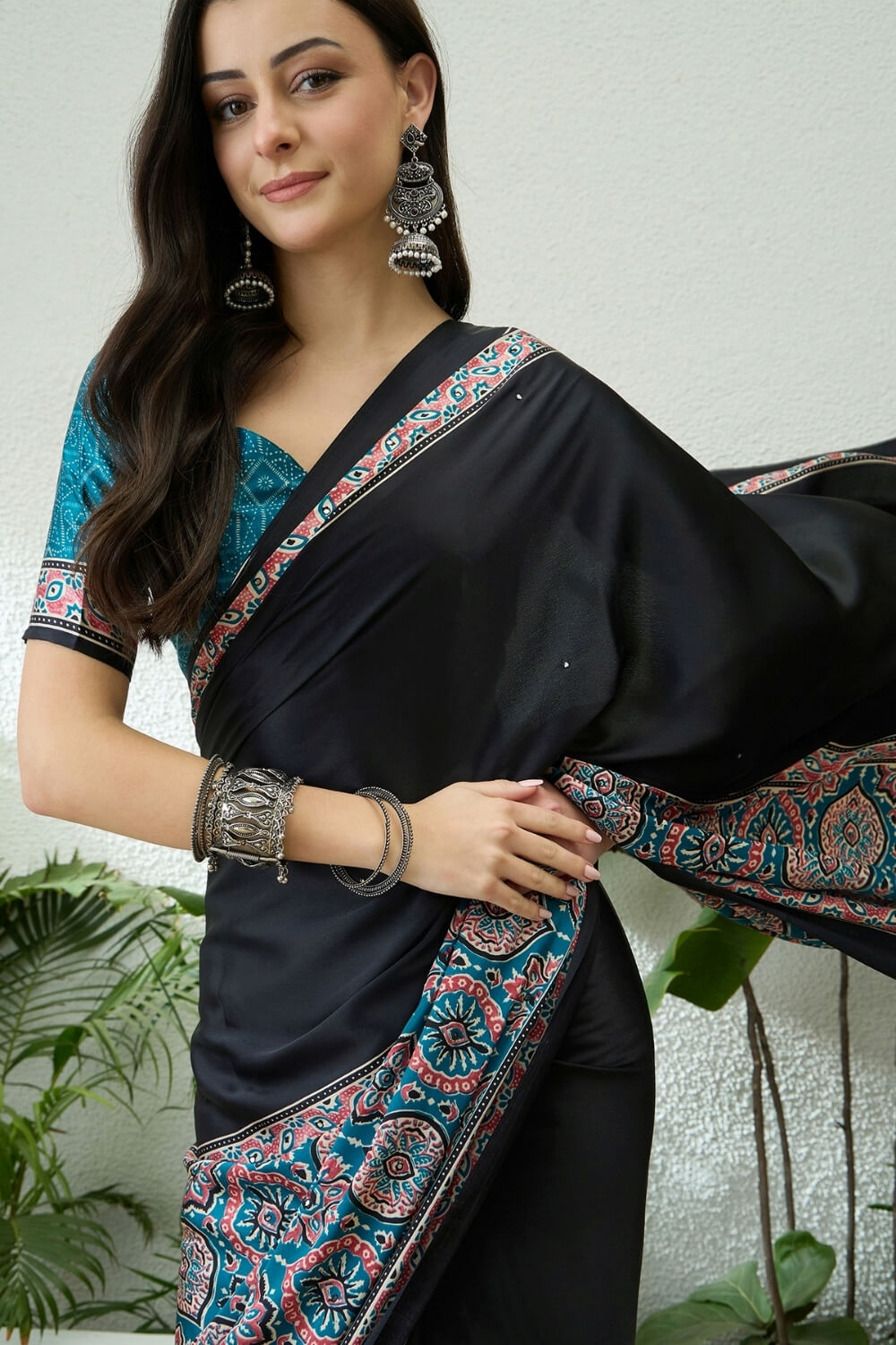 Inspiring Black Ajrakh Printed Semi Modal Silk Saree With Prodigal Blouse Piece