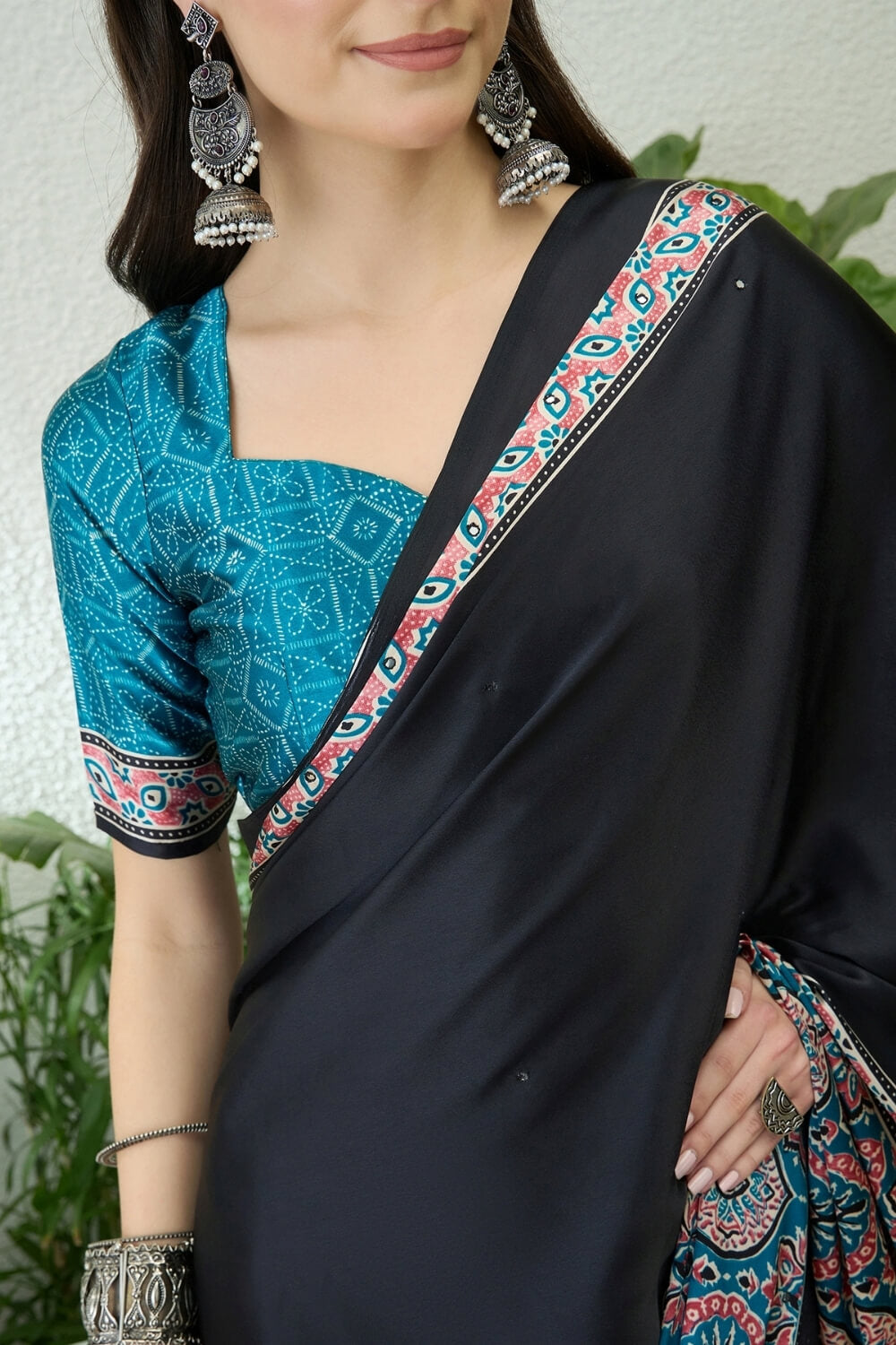 Inspiring Black Ajrakh Printed Semi Modal Silk Saree With Prodigal Blouse Piece